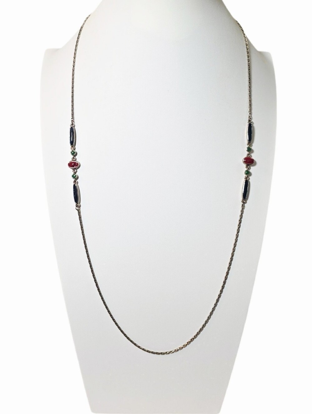 Delicate Red, Green and Navy Enameled Bead Silver-Tone Chain Long Necklace